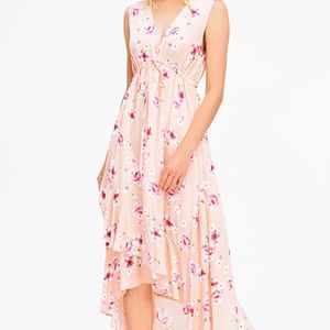 WOMENS PEACH PINK FLORAL PRINT V NECK Maxi Dr